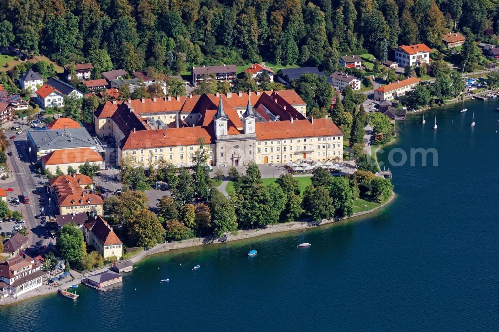 Tegernsee from above - The building complex of the monastery Tegernsee in the district of Miesbach in the state of Bavaria. The former Benedictine monastery also houses the brewery Herzoglich Bavarian Brauhaus Tegernsee, the gastronomic enterprise Herzogliches Braeustueberl and the Gymnasium