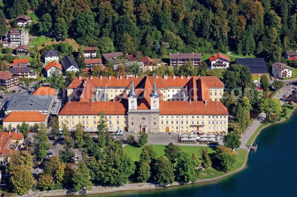 Tegernsee from the bird's eye view: The building complex of the monastery Tegernsee in the district of Miesbach in the state of Bavaria. The former Benedictine monastery also houses the brewery Herzoglich Bavarian Brauhaus Tegernsee, the gastronomic enterprise Herzogliches Braeustueberl and the Gymnasium