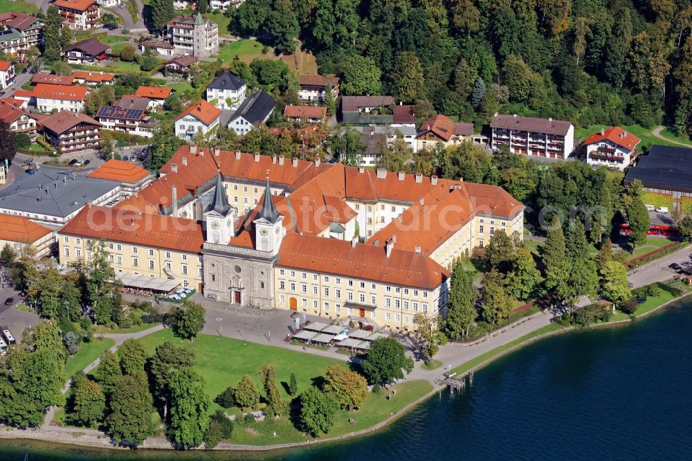 Aerial image Tegernsee - The building complex of the monastery Tegernsee in the district of Miesbach in the state of Bavaria. The former Benedictine monastery also houses the brewery Herzoglich Bavarian Brauhaus Tegernsee, the gastronomic enterprise Herzogliches Braeustueberl and the Gymnasium