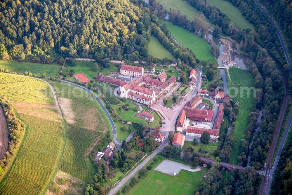 Aerial photograph Bronnbach - Complex of buildings of the monastery Bronnbach with garden and Church Mariae Himmelfahrt in Wertheim in the state Baden-Wurttemberg, Germany