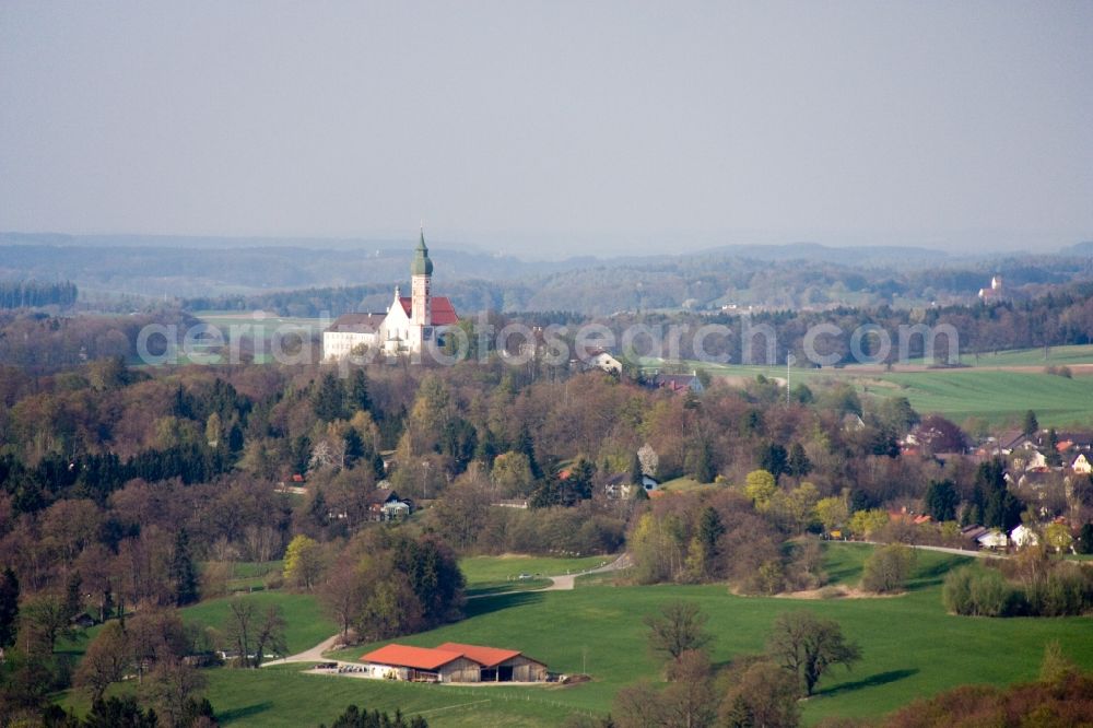 Aerial photograph Andechs - Complex of buildings of the monastery and brewery on Bergstrasse in Andechs in the state Bavaria