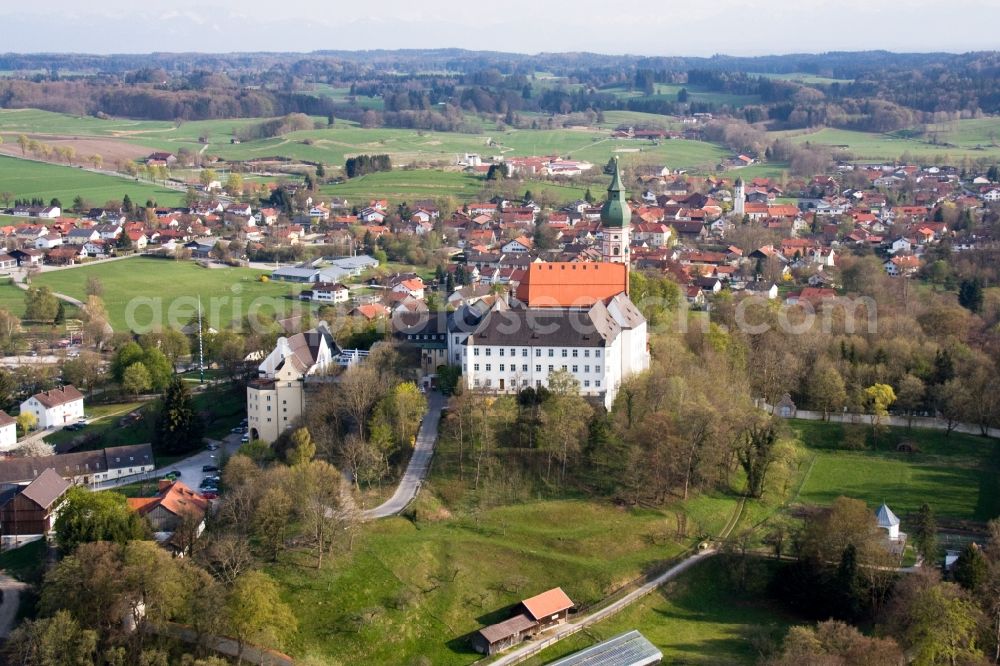 Andechs from above - Complex of buildings of the monastery and brewery on Bergstrasse in Andechs in the state Bavaria