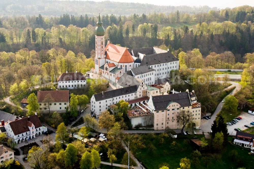 Andechs from the bird's eye view: Complex of buildings of the monastery and brewery on Bergstrasse in Andechs in the state Bavaria