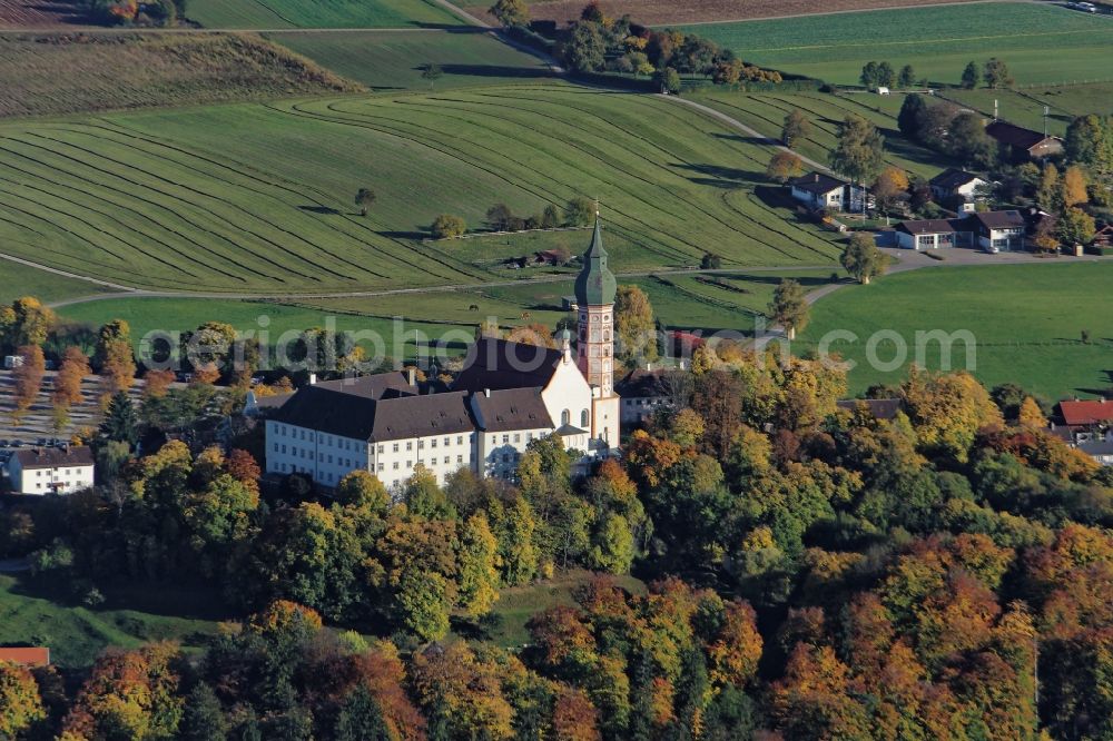 Aerial photograph Andechs - Building complex of the monastery Andechs Klostergasthof in the state Bavaria. The pilgrimage to the holy mountain is the oldest pilgrimage in Bavaria and one of the most important pilgrimage sites in Bavaria