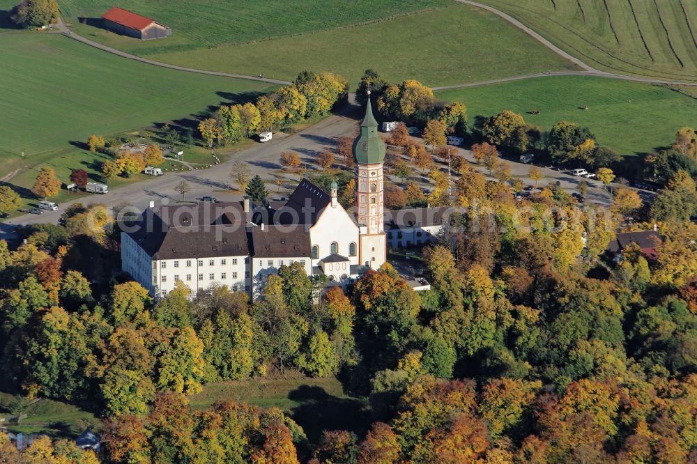 Andechs from above - Building complex of the monastery Andechs Klostergasthof in the state Bavaria. The pilgrimage to the holy mountain is the oldest pilgrimage in Bavaria and one of the most important pilgrimage sites in Bavaria