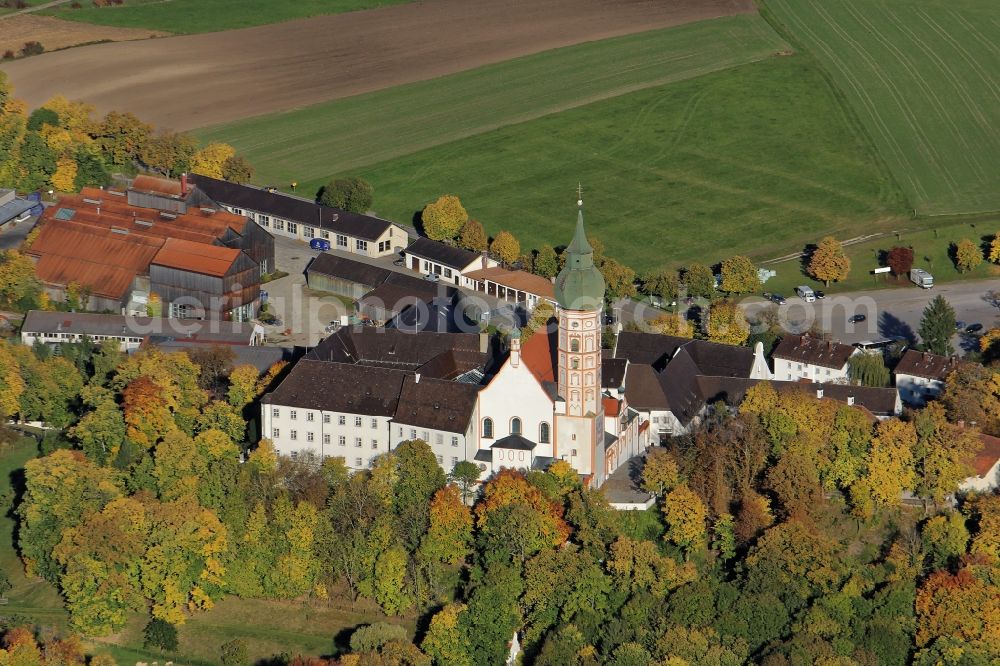 Andechs from the bird's eye view: Building complex of the monastery Andechs Klostergasthof in the state Bavaria. The pilgrimage to the holy mountain is the oldest pilgrimage in Bavaria and one of the most important pilgrimage sites in Bavaria