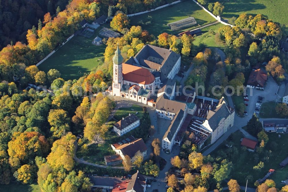 Aerial image Andechs - Building complex of the monastery Andechs Klostergasthof in the state Bavaria. The pilgrimage to the holy mountain is the oldest pilgrimage in Bavaria and one of the most important pilgrimage sites in Bavaria