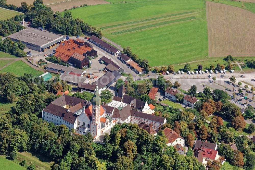 Andechs from above - Building complex of the monastery Andechs Klostergasthof in the state Bavaria. The pilgrimage to the holy mountain is the oldest pilgrimage in Bavaria and one of the most important pilgrimage sites in Bavaria