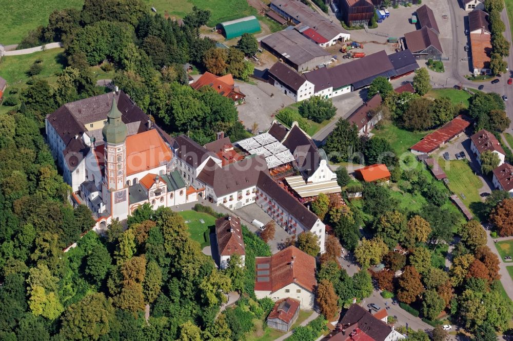 Andechs from the bird's eye view: Building complex of the monastery Andechs Klostergasthof in the state Bavaria. The pilgrimage to the holy mountain is the oldest pilgrimage in Bavaria and one of the most important pilgrimage sites in Bavaria