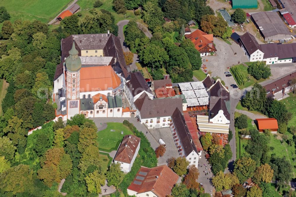 Aerial image Andechs - Building complex of the monastery Andechs Klostergasthof in the state Bavaria. The pilgrimage to the holy mountain is the oldest pilgrimage in Bavaria and one of the most important pilgrimage sites in Bavaria