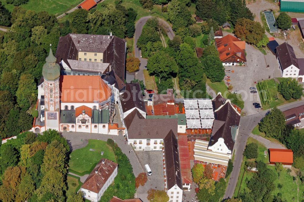 Aerial photograph Andechs - Building complex of the monastery Andechs Klostergasthof in the state Bavaria. The pilgrimage to the holy mountain is the oldest pilgrimage in Bavaria and one of the most important pilgrimage sites in Bavaria