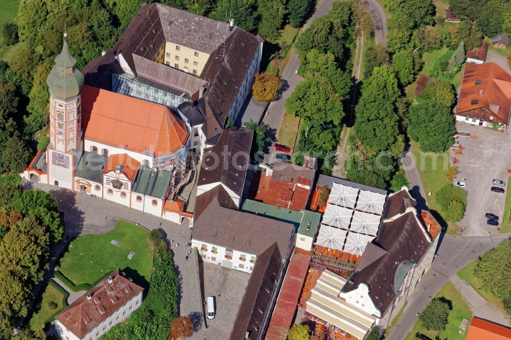 Andechs from above - Building complex of the monastery Andechs Klostergasthof in the state Bavaria. The pilgrimage to the holy mountain is the oldest pilgrimage in Bavaria and one of the most important pilgrimage sites in Bavaria