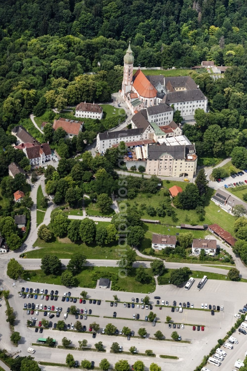 Andechs from the bird's eye view: Building complex of the monastery Andechs Klostergasthof in the state Bavaria. The pilgrimage to the holy mountain is the oldest pilgrimage in Bavaria and one of the most important pilgrimage sites in Bavaria