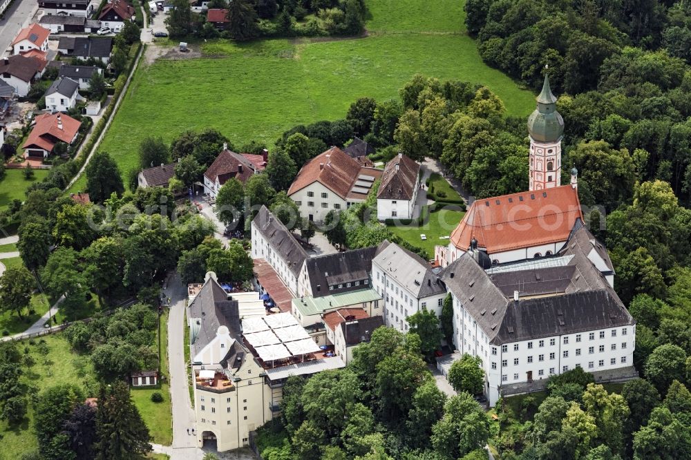 Aerial photograph Andechs - Building complex of the monastery Andechs Klostergasthof in the state Bavaria. The pilgrimage to the holy mountain is the oldest pilgrimage in Bavaria and one of the most important pilgrimage sites in Bavaria