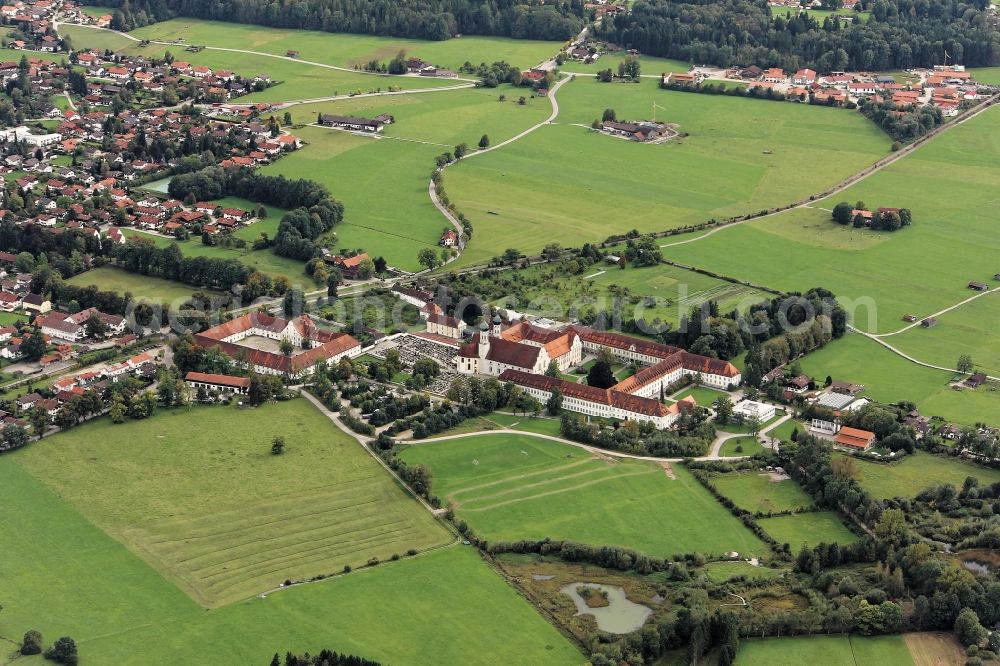 Aerial image Benediktbeuern - Building complex of the monastery Benediktbeuern in Benediktbeuern in the state Bavaria. The Benediktbeuern Abbey is a former Benedictine abbey and today one of the Salesians of Don Bosco