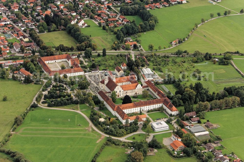 Aerial photograph Benediktbeuern - Building complex of the monastery Benediktbeuern in Benediktbeuern in the state Bavaria. The Benediktbeuern Abbey is a former Benedictine abbey and today one of the Salesians of Don Bosco