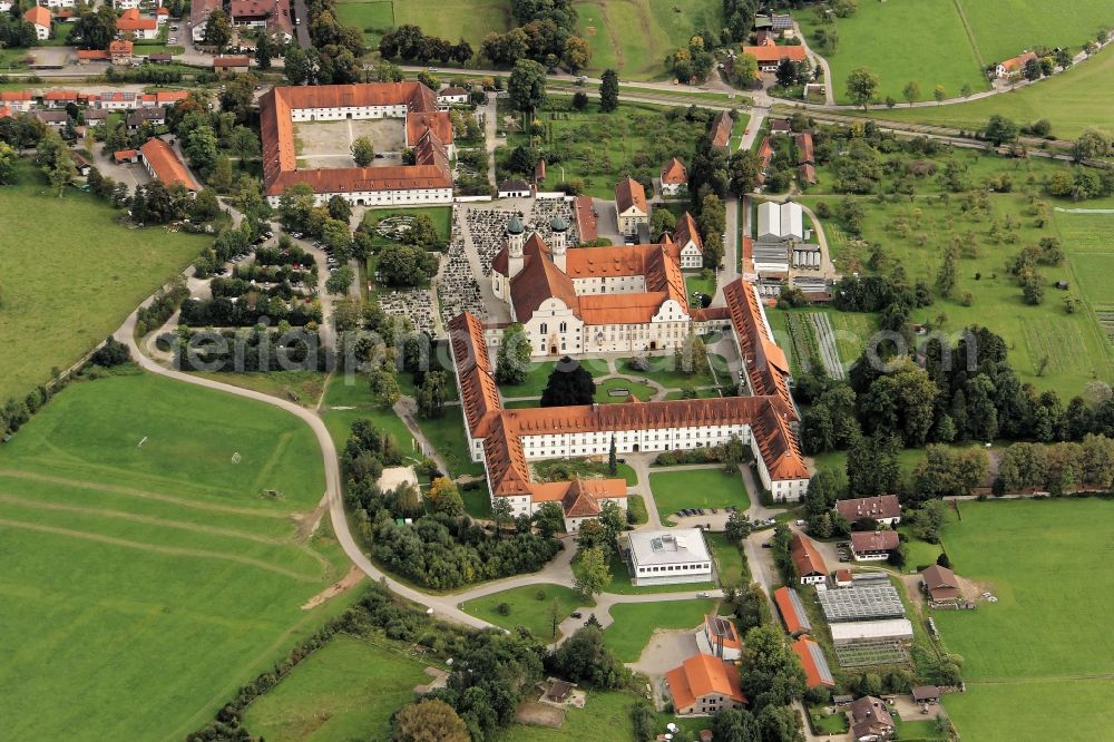 Benediktbeuern from above - Building complex of the monastery Benediktbeuern in Benediktbeuern in the state Bavaria. The Benediktbeuern Abbey is a former Benedictine abbey and today one of the Salesians of Don Bosco