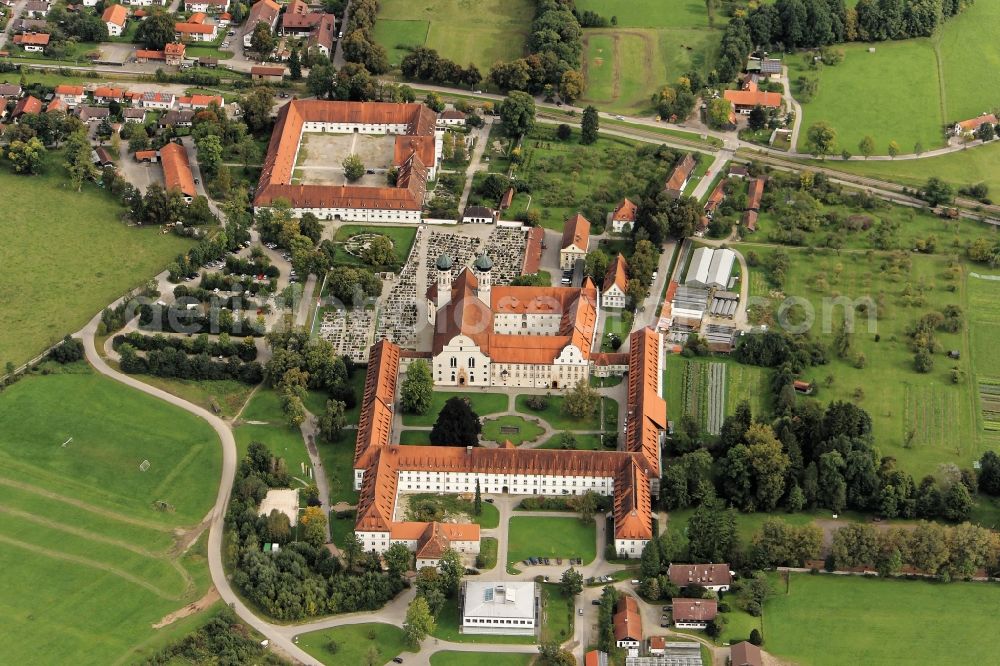 Benediktbeuern from the bird's eye view: Building complex of the monastery Benediktbeuern in Benediktbeuern in the state Bavaria. The Benediktbeuern Abbey is a former Benedictine abbey and today one of the Salesians of Don Bosco