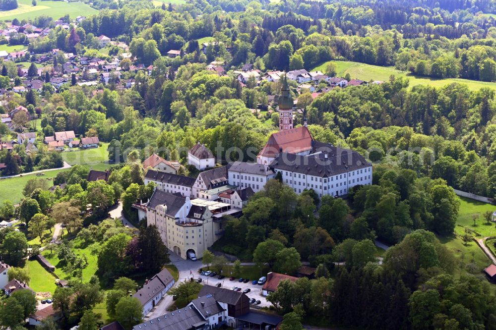 Andechs from above - Complex of buildings of the monastery and brewery Andechs in the district Erling in Andechs in the state Bavaria