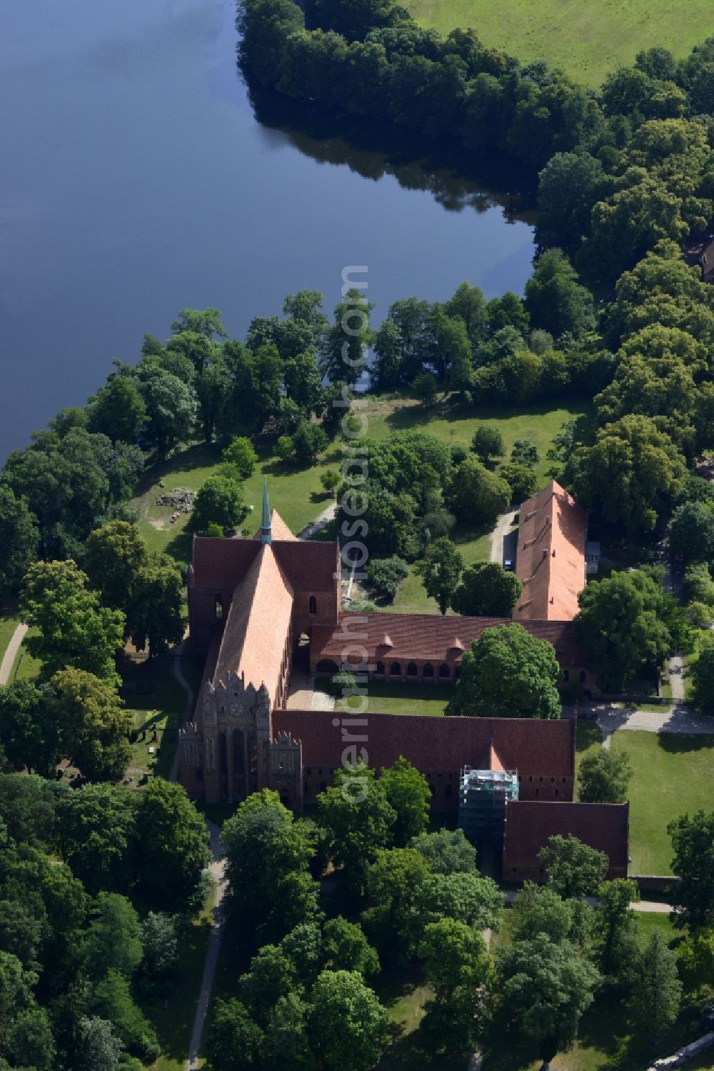 Chorin from the bird's eye view: Complex of buildings of the monastery in der Schorfheide in Chorin in the state Brandenburg