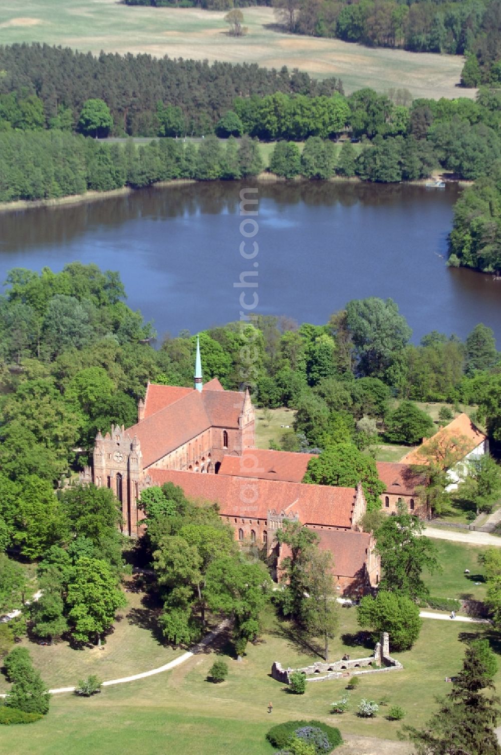 Chorin from the bird's eye view: Complex of buildings of the monastery in der Schorfheide in Chorin in the state Brandenburg