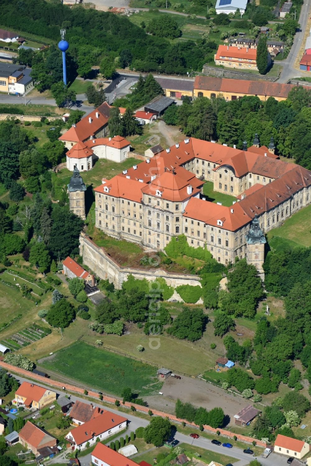 Aerial image Chotesov - Complex of buildings of the cloister of Chotieschau in Chotesov in Plzensky kraj - Pilsner region - Bohemia, Czechia