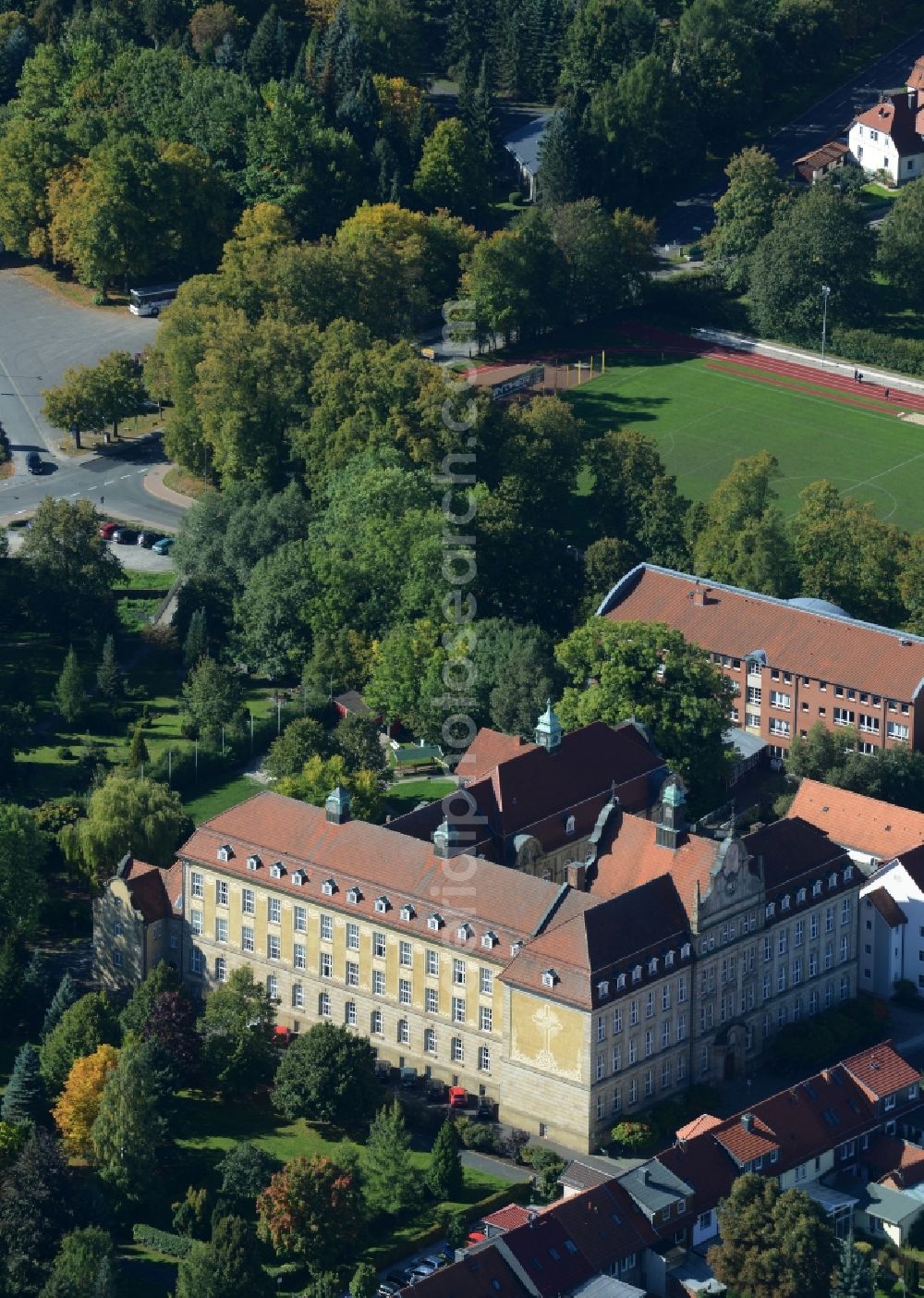 Dingelstädt from above - Complex of buildings of the monastery am Riethstieg in Dingelstaedt in the state Thuringia