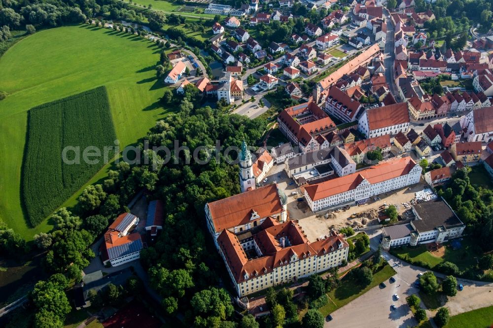 Aerial photograph Donauwörth - Complex of buildings of the monastery Heilig Kreuz in front of Ried island in Donauwoerth in the state Bavaria, Germany