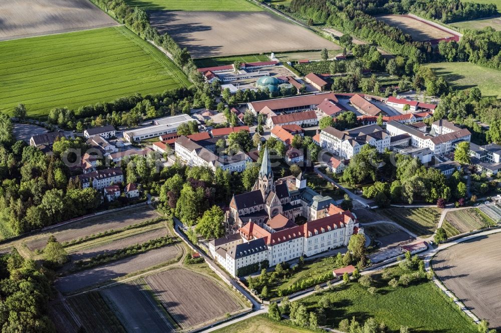 Eresing from above - Complex of buildings of the monastery St. Ottilien in Eresing in the state Bavaria, Germany