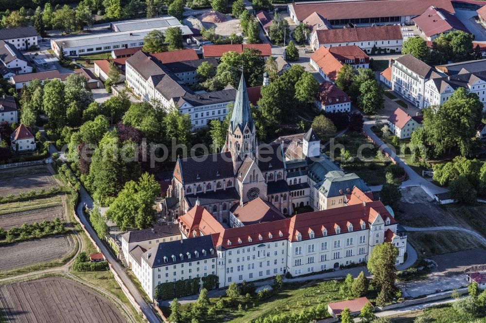 Eresing from the bird's eye view: Complex of buildings of the monastery St. Ottilien in Eresing in the state Bavaria, Germany