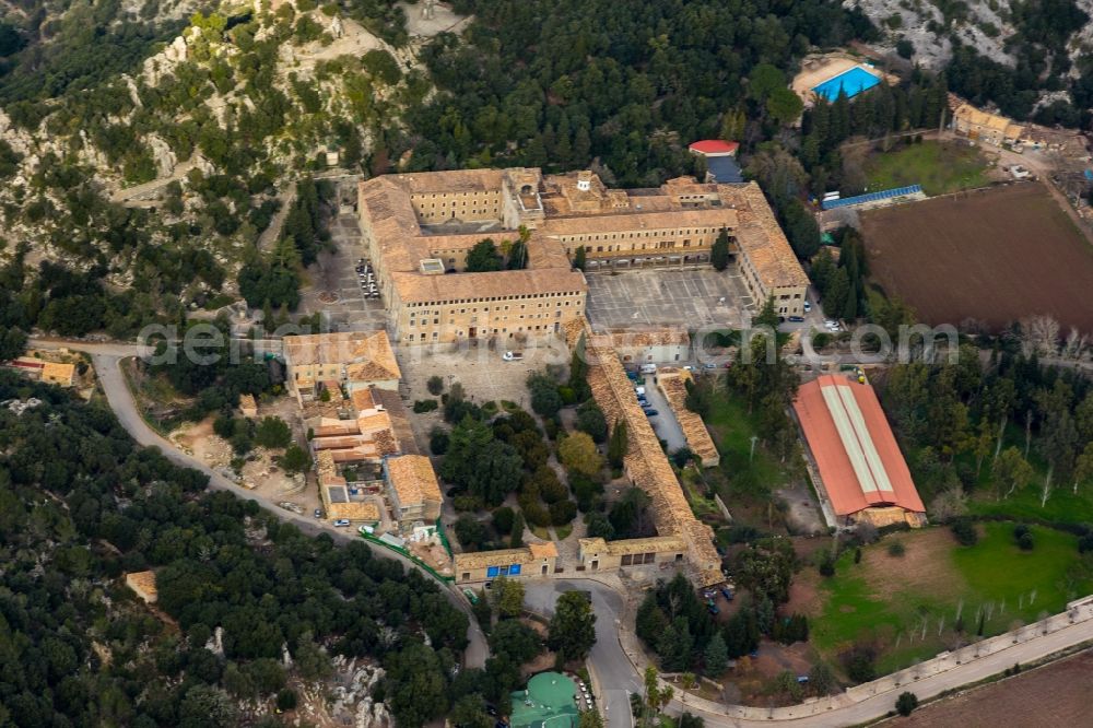 Escorca from the bird's eye view: Complex of buildings of the monastery Santuari de Lluc in Escorca in Balearic island of Mallorca, Spain