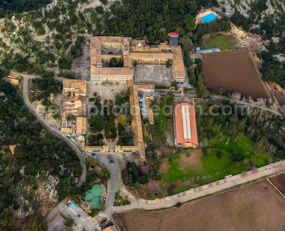 Aerial photograph Escorca - Complex of buildings of the monastery Santuari de Lluc in Escorca in Balearic island of Mallorca, Spain