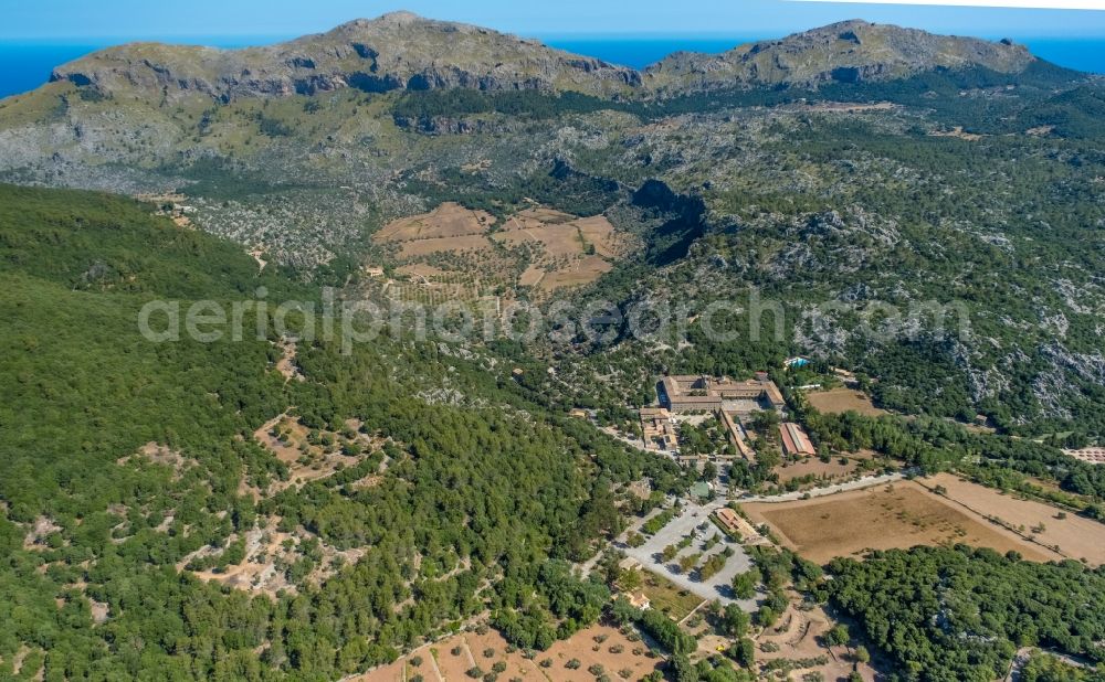 Aerial photograph Escorca - Complex of buildings of the monastery Santuari de Lluc in Escorca at Serra de Tramuntana in Balearic island of Mallorca, Spain