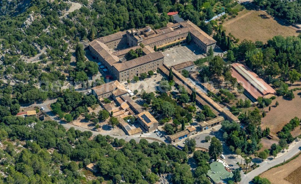 Escorca from above - Complex of buildings of the monastery Santuari de Lluc in Escorca at Serra de Tramuntana in Balearic island of Mallorca, Spain