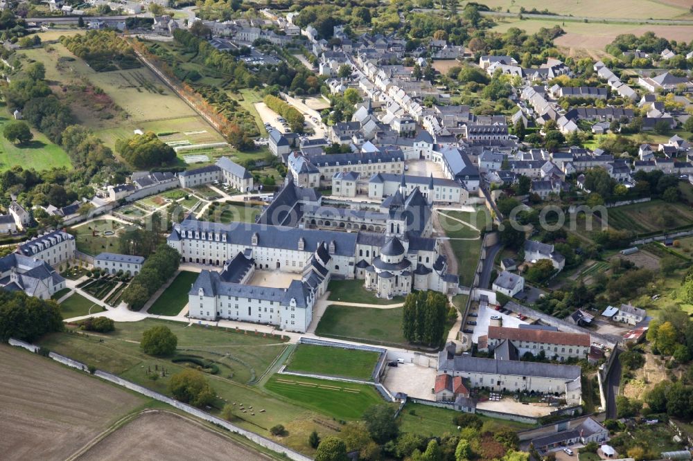 Aerial image Fontevraud l'Abbaye - Complex of buildings of the monastery Fontevraud in Fontevraud l'Abbaye in Pays de la Loire, France. The Abbaye Royale de Fontevraud, a royal abbey, was a mixed monastery founded around the year 1100. It is the largest monastic building in Europe