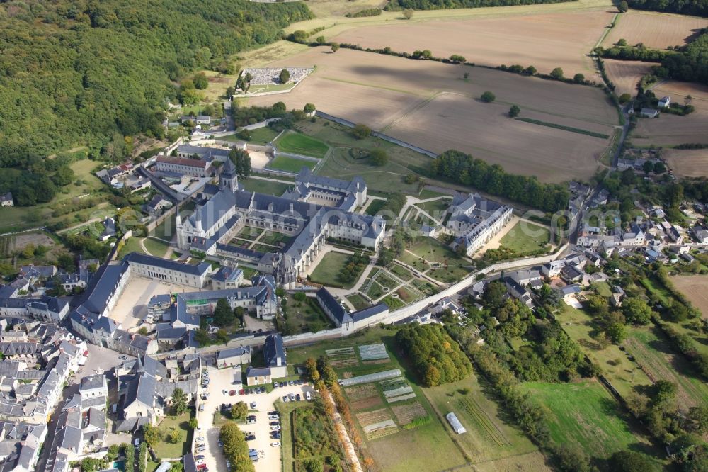 Fontevraud l'Abbaye from above - Complex of buildings of the monastery Fontevraud in Fontevraud l'Abbaye in Pays de la Loire, France. The Abbaye Royale de Fontevraud, a royal abbey, was a mixed monastery founded around the year 1100. It is the largest monastic building in Europe