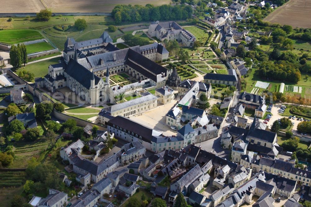 Aerial image Fontevraud l'Abbaye - Complex of buildings of the monastery Fontevraud in Fontevraud l'Abbaye in Pays de la Loire, France. The Abbaye Royale de Fontevraud, a royal abbey, was a mixed monastery founded around the year 1100. It is the largest monastic building in Europe