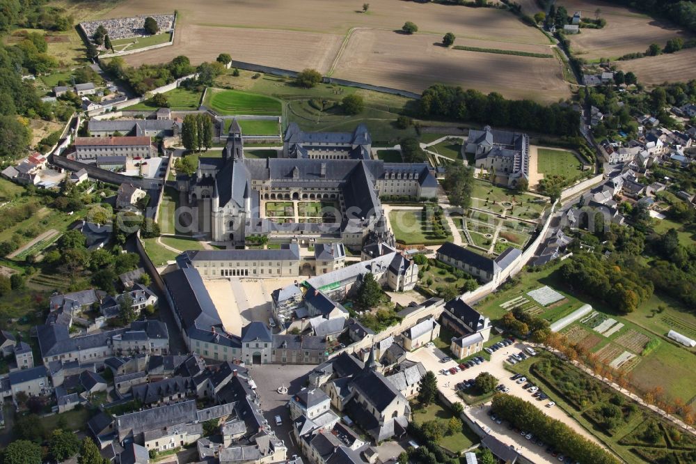 Fontevraud l'Abbaye from the bird's eye view: Complex of buildings of the monastery Fontevraud in Fontevraud l'Abbaye in Pays de la Loire, France. The Abbaye Royale de Fontevraud, a royal abbey, was a mixed monastery founded around the year 1100. It is the largest monastic building in Europe