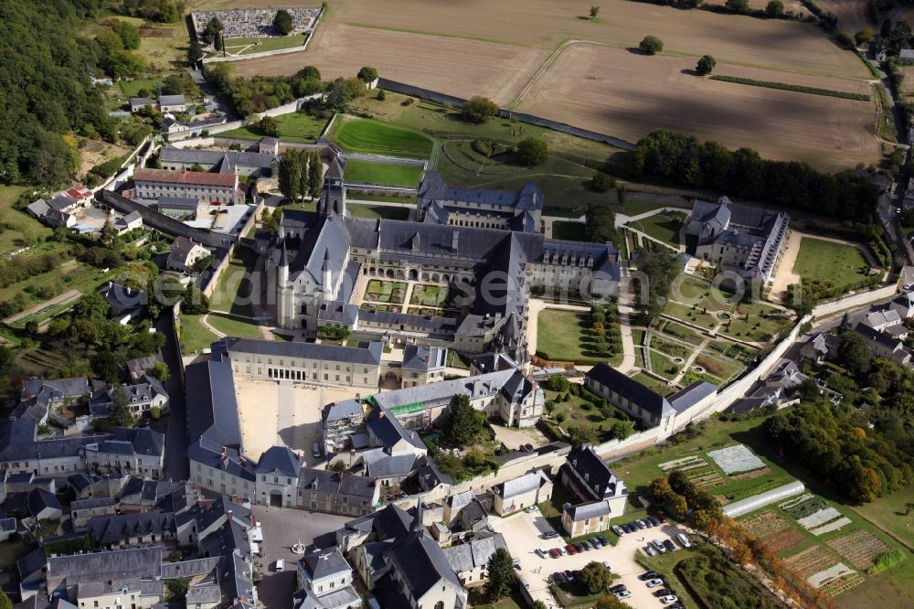 Aerial image Fontevraud l'Abbaye - Complex of buildings of the monastery Fontevraud in Fontevraud l'Abbaye in Pays de la Loire, France. The Abbaye Royale de Fontevraud, a royal abbey, was a mixed monastery founded around the year 1100. It is the largest monastic building in Europe