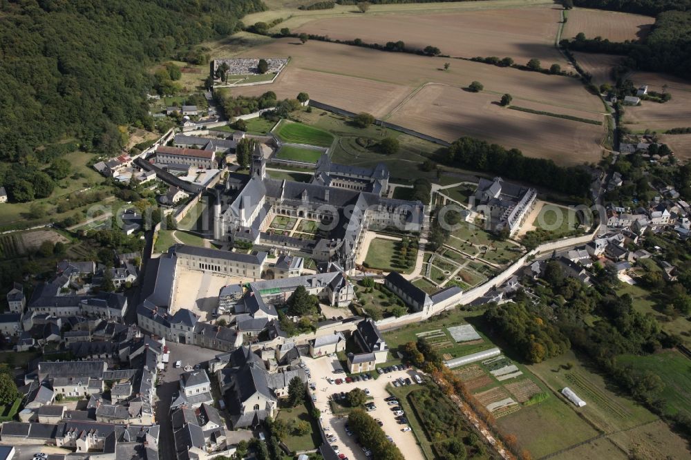 Aerial photograph Fontevraud l'Abbaye - Complex of buildings of the monastery Fontevraud in Fontevraud l'Abbaye in Pays de la Loire, France. The Abbaye Royale de Fontevraud, a royal abbey, was a mixed monastery founded around the year 1100. It is the largest monastic building in Europe