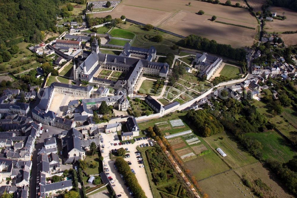 Fontevraud l'Abbaye from above - Complex of buildings of the monastery Fontevraud in Fontevraud l'Abbaye in Pays de la Loire, France. The Abbaye Royale de Fontevraud, a royal abbey, was a mixed monastery founded around the year 1100. It is the largest monastic building in Europe