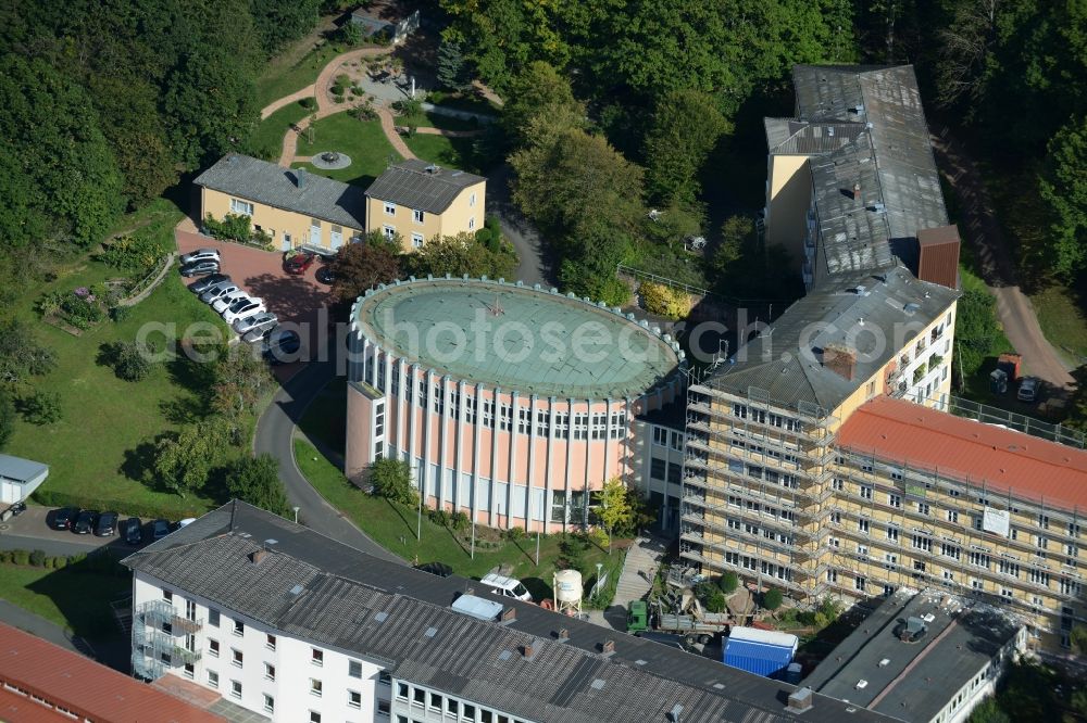 Gemünden from above - Complex of buildings of the monastery Maedchenbildungswerk der Schwestern vom heiligen Kreuz on Kreuzstrasse in Gemuenden in the state Bavaria