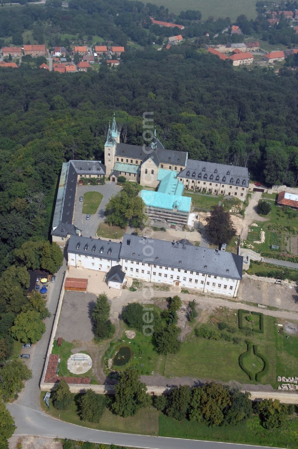 Huy from above - Complex of buildings of the monastery Benediktinerkloster Huysburg in Huy in the state Saxony-Anhalt