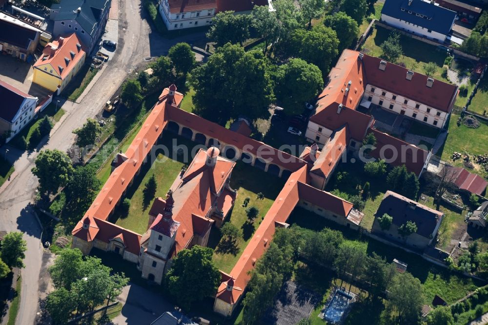 Marianske Radcice from above - Complex of buildings of the monastery Kostel Panny Marie Bolestne in Marianske Radcice in Most, Czech Republic