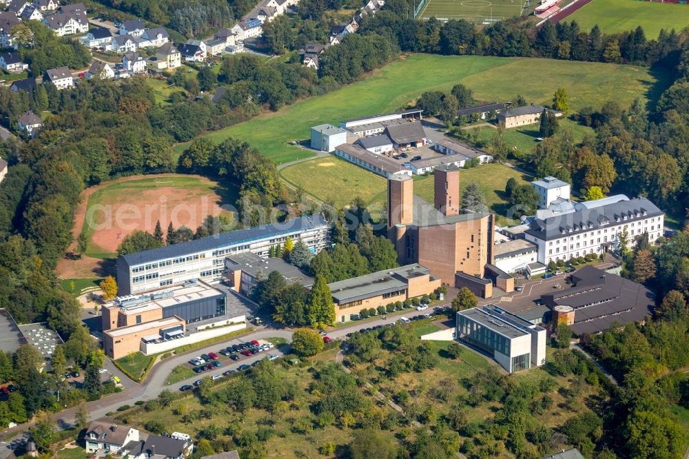 Meschede from above - Complex of buildings of the monastery Abtei Koenigsmuenster and of Gymnasium of Benediktiner on Klosterberg in Meschede in the state North Rhine-Westphalia, Germany