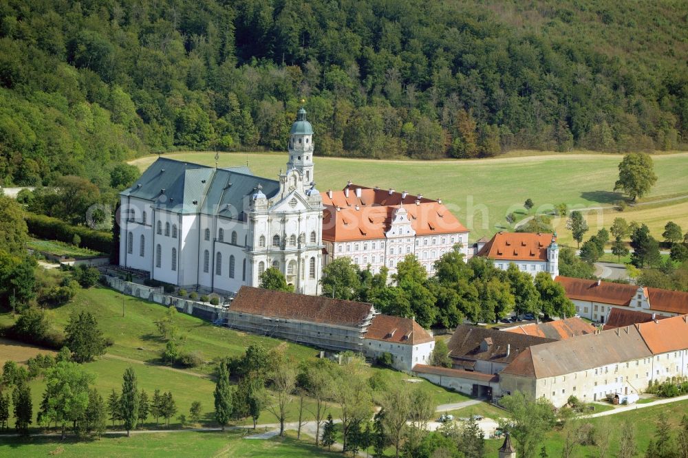 Neresheim from above - Complex of buildings of the monastery and the monastery church with the meeting house of the abbey in Neresheim in the state Baden-Wuerttemberg