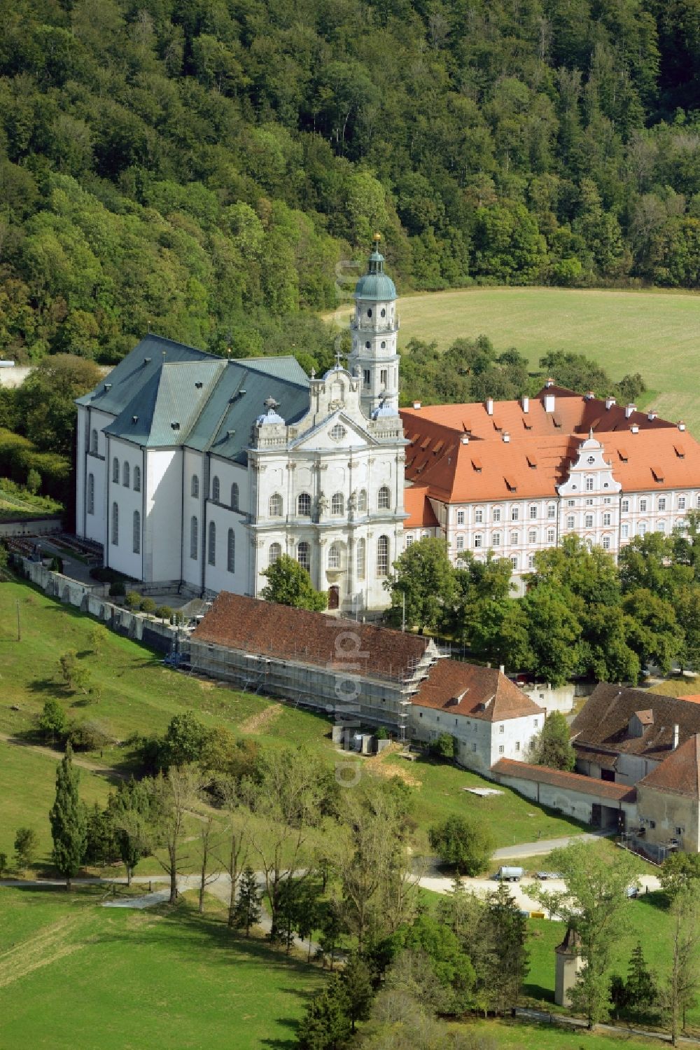 Neresheim from above - Complex of buildings of the monastery and the monastery church with the meeting house of the abbey in Neresheim in the state Baden-Wuerttemberg