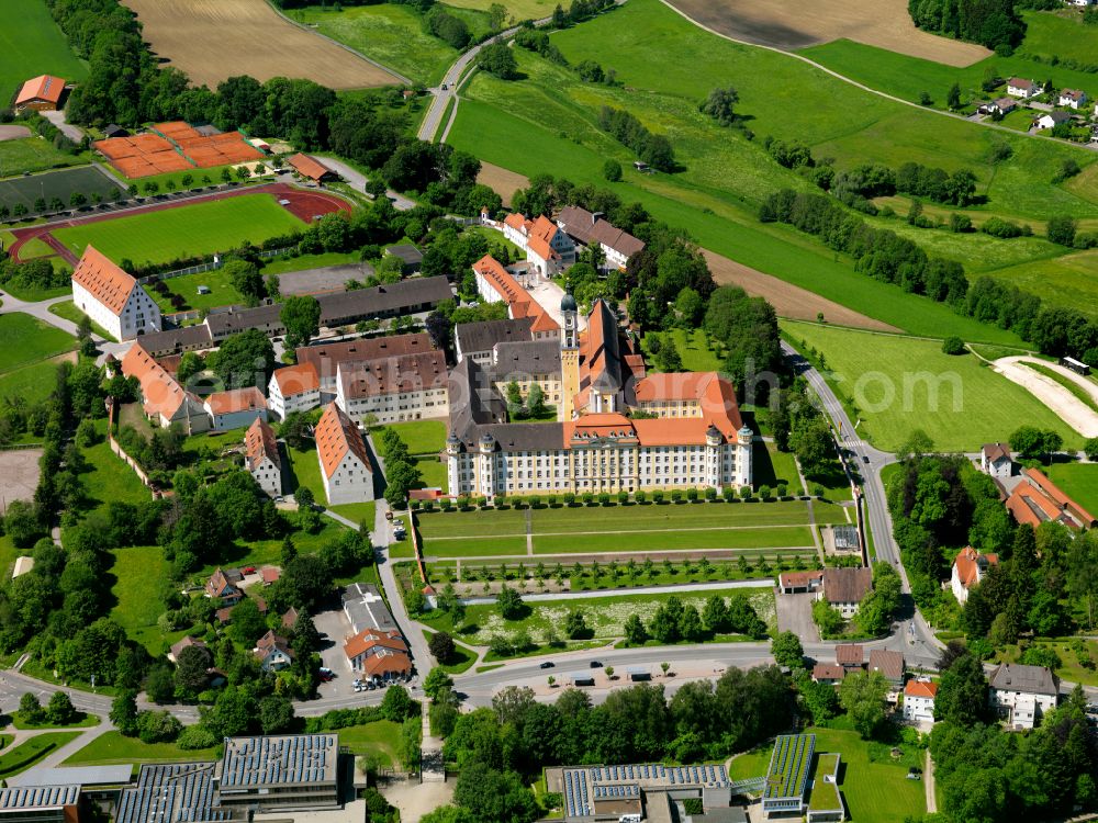 Ochsenhausen from above - Complex of buildings of the monastery Ochsenhausen with of Basilika St.Georg in Ochsenhausen in the state Baden-Wuerttemberg, Germany