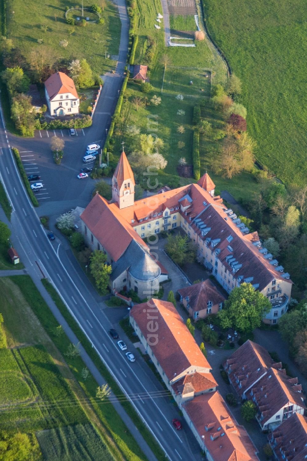 Aerial image Kolitzheim - Complex of buildings of the monastery Kloster St. Ludwig in the district Lindach in Kolitzheim in the state Bavaria, Germany