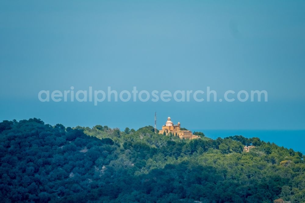 Petra from the bird's eye view: Complex of buildings of the monastery Santuari de la Mare de Deu de Bonany with the shrine of the same name La Mare de Deu de Bonany in Petra in Balearic island of Mallorca, Spain